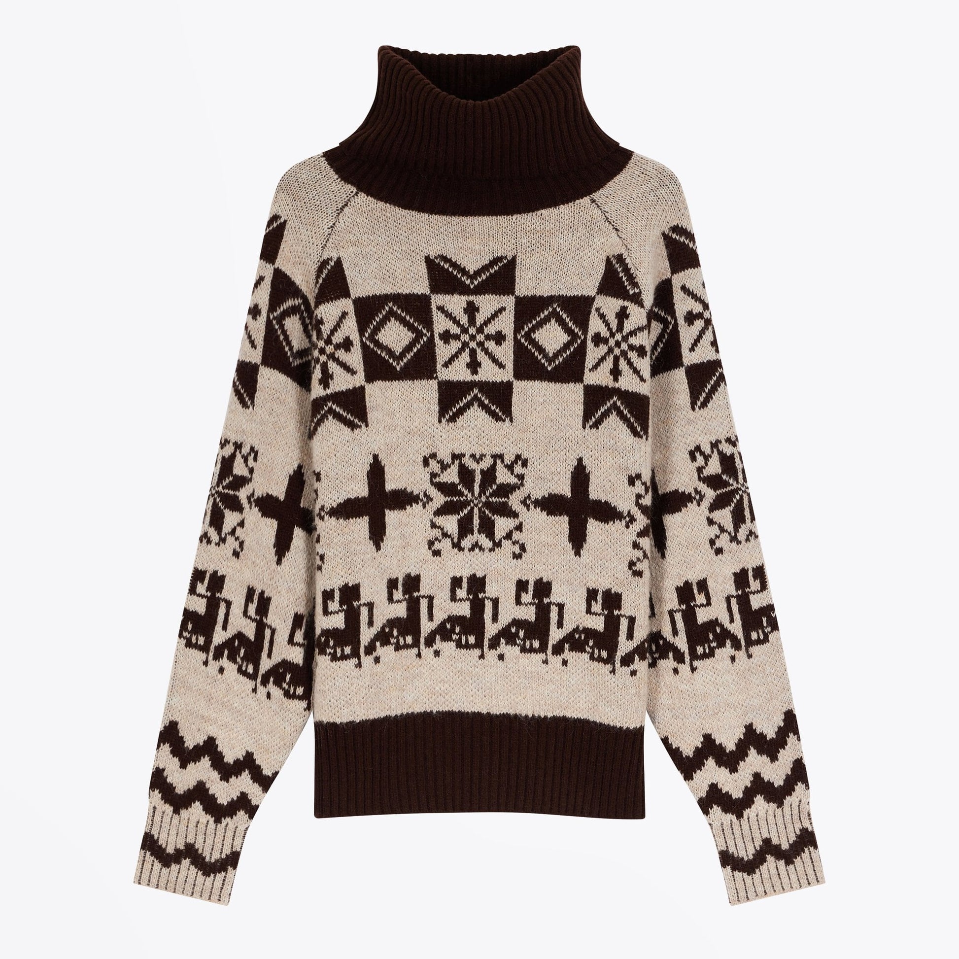 Leon Jacquard Roll-Neck Jumper - Brown/Beige