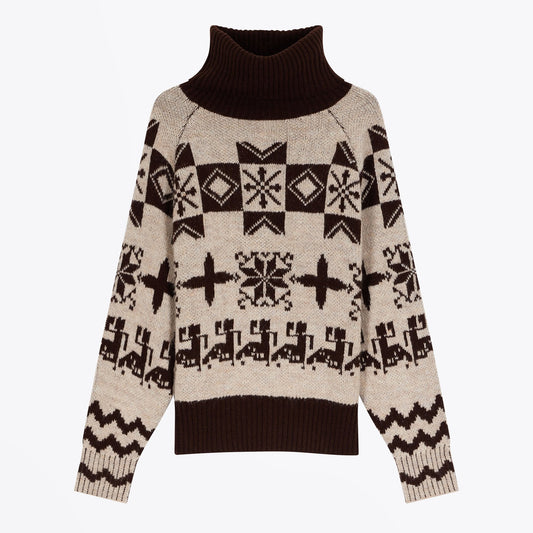 Jacquard Roll-Neck Jumper - Brown/Beige