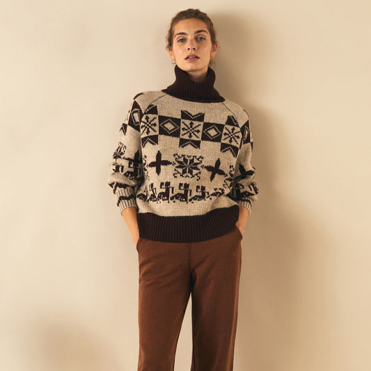 Jacquard Roll-Neck Jumper - Brown/Beige