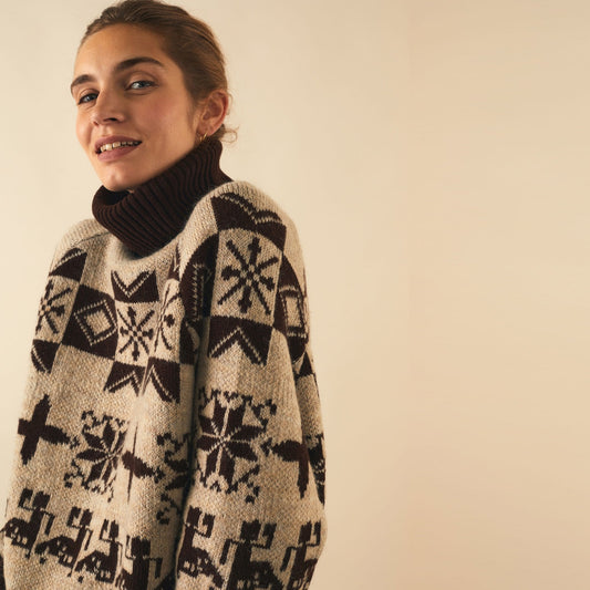 Jacquard Roll-Neck Jumper - Brown/Beige