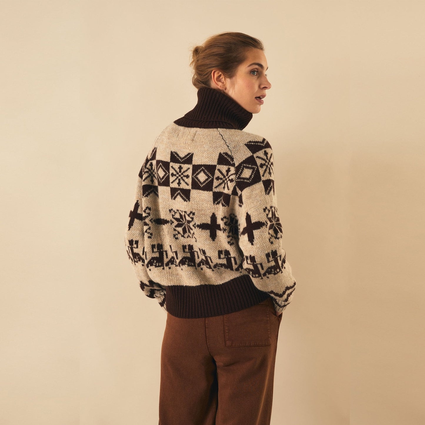 Jacquard Roll-Neck Jumper - Brown/Beige