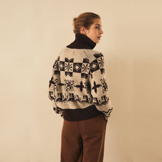 Jacquard Roll-Neck Jumper - Brown/Beige