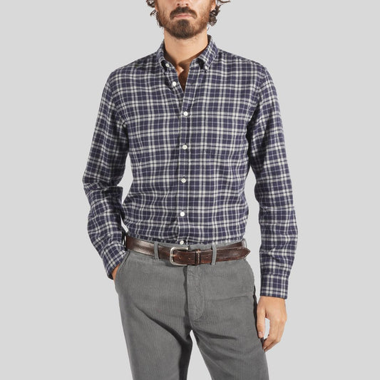 - Cotton Checked Shirt - Navy