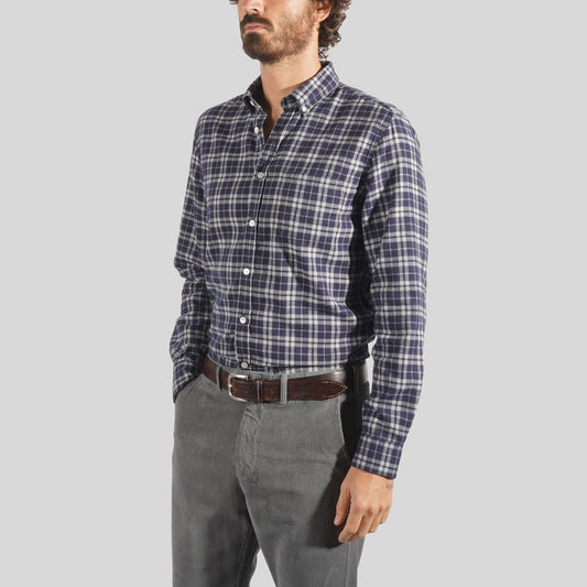 - Cotton Checked Shirt - Navy