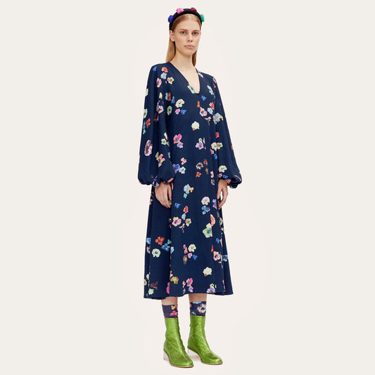- Rosen - Floral A-line Midi Dress - Navy/Multi