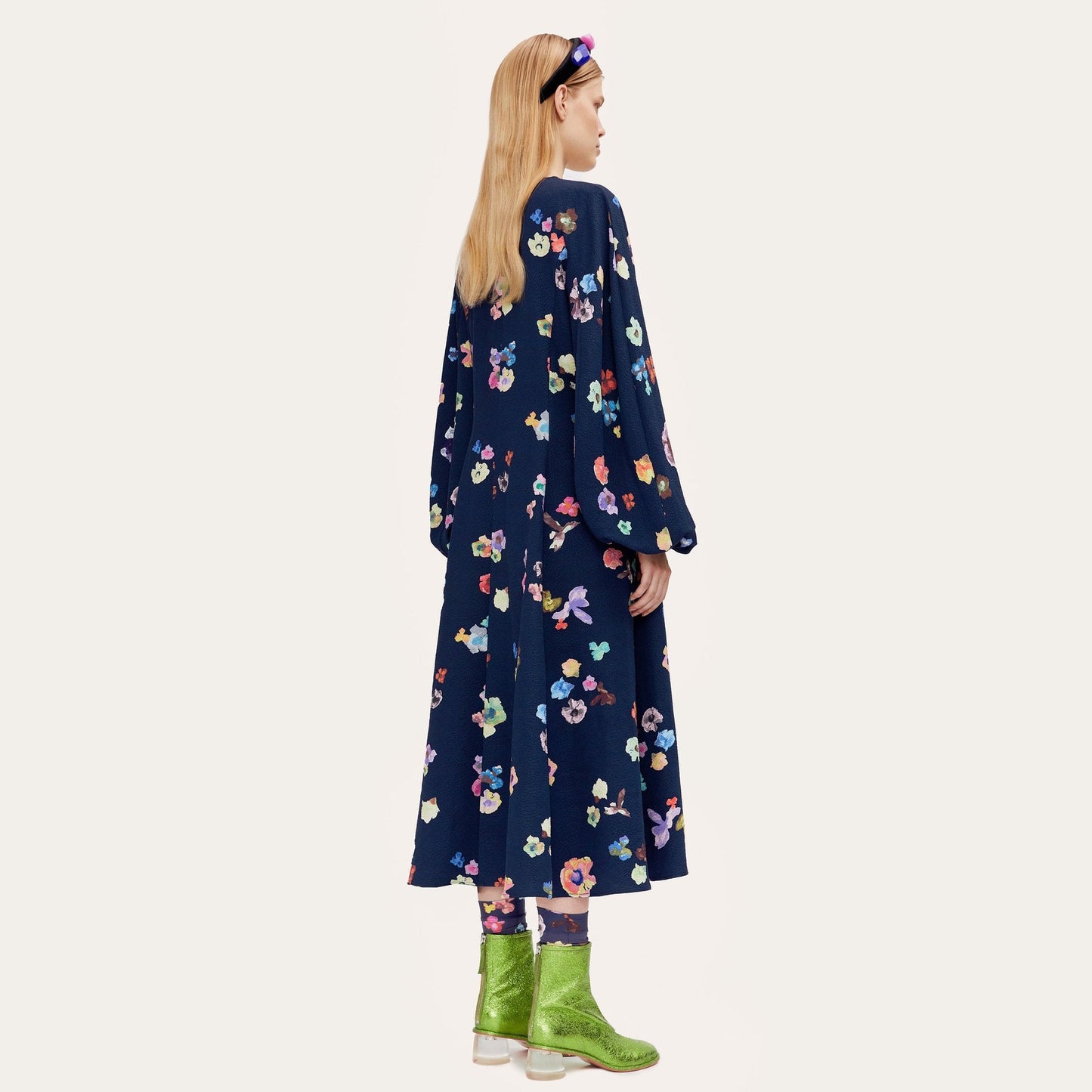 - Rosen - Floral A-line Midi Dress - Navy/Multi