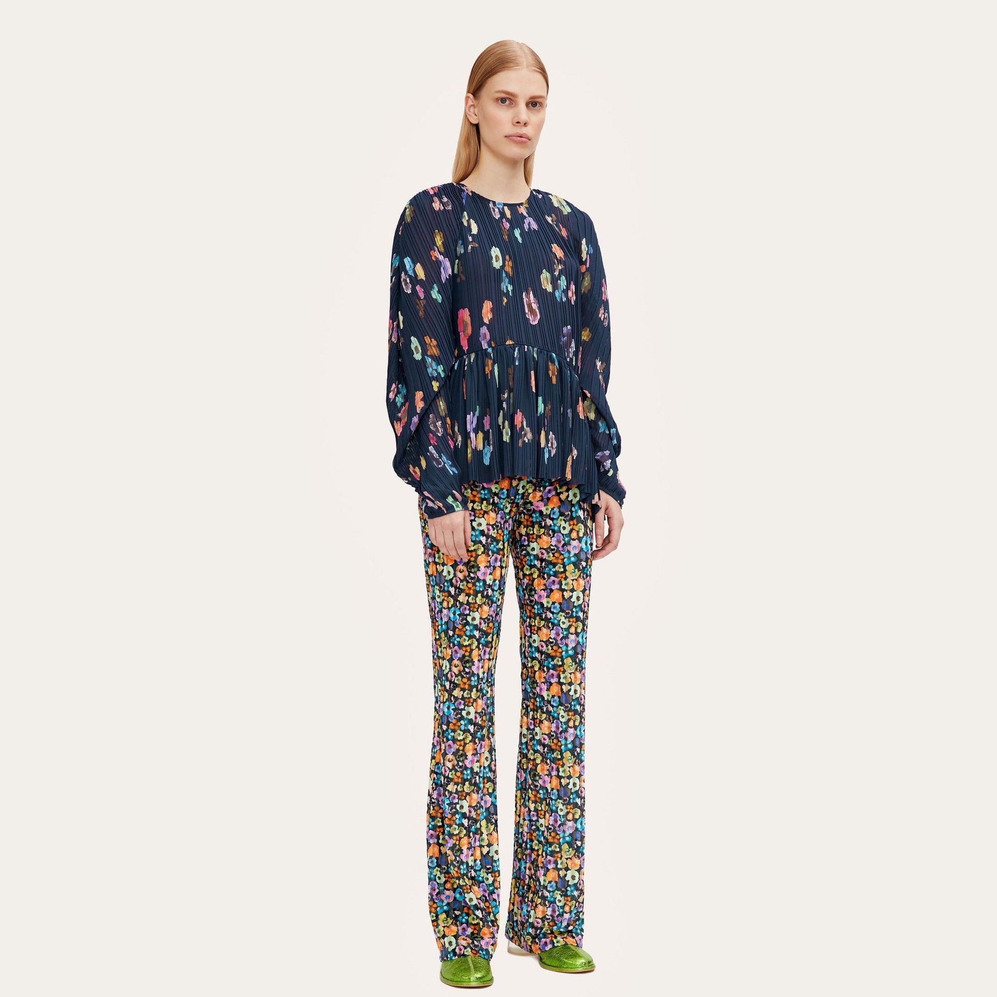 Stine Luni - Pleated Floral Blouse - Navy/Multi