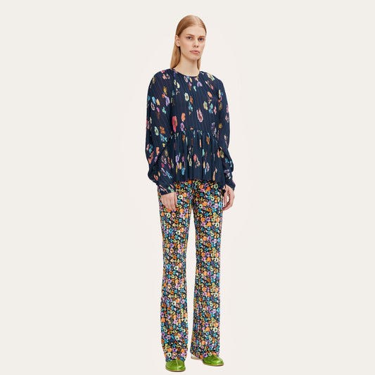 Luni - Pleated Floral Blouse - Navy/Multi