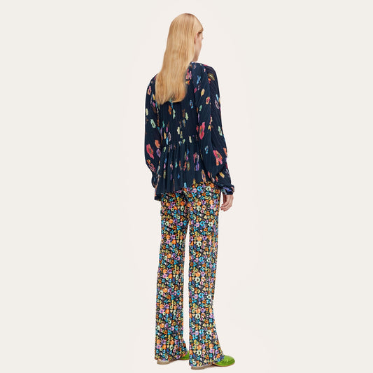 Luni - Pleated Floral Blouse - Navy/Multi