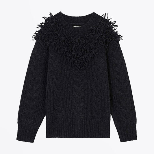 - Cable Knit Fringe Pullover - Charcoal