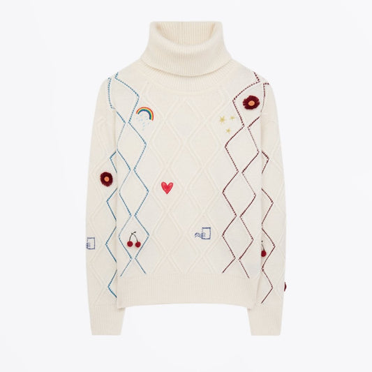 - Embroidered 'Doodle' Roll Neck Sweater - Off-White