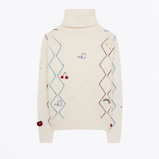 - Embroidered 'Doodle' Roll Neck Sweater - Off-White