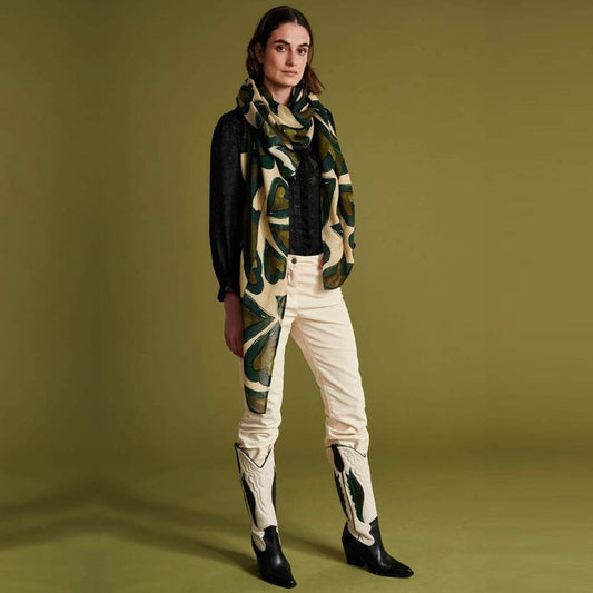 Heart Print Shawl - Khaki Green