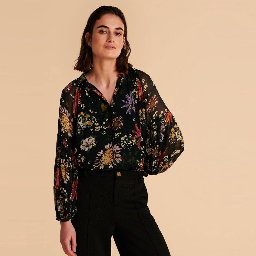 Pom Floral Print Blouse - Black/Multi
