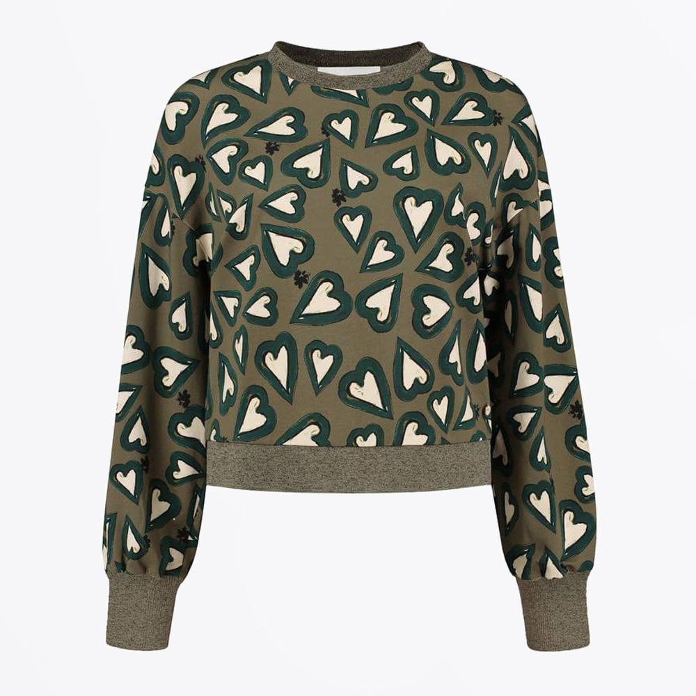 Pom Heart Print Sweater - Khaki Green