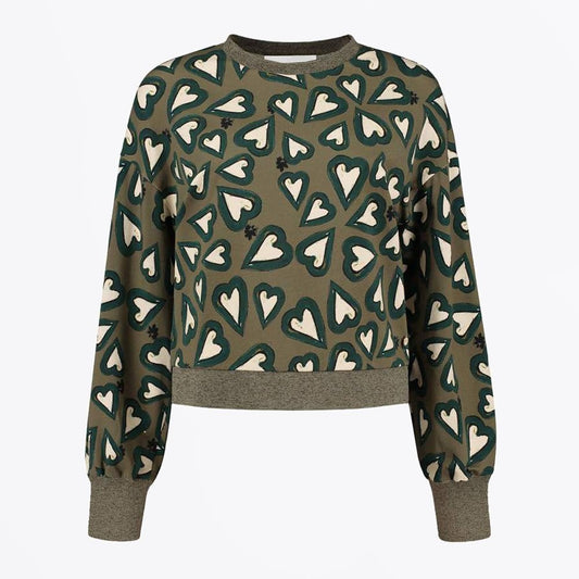 Heart Print Sweater - Khaki Green
