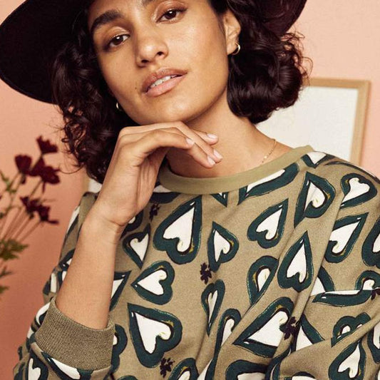 Heart Print Sweater - Khaki Green