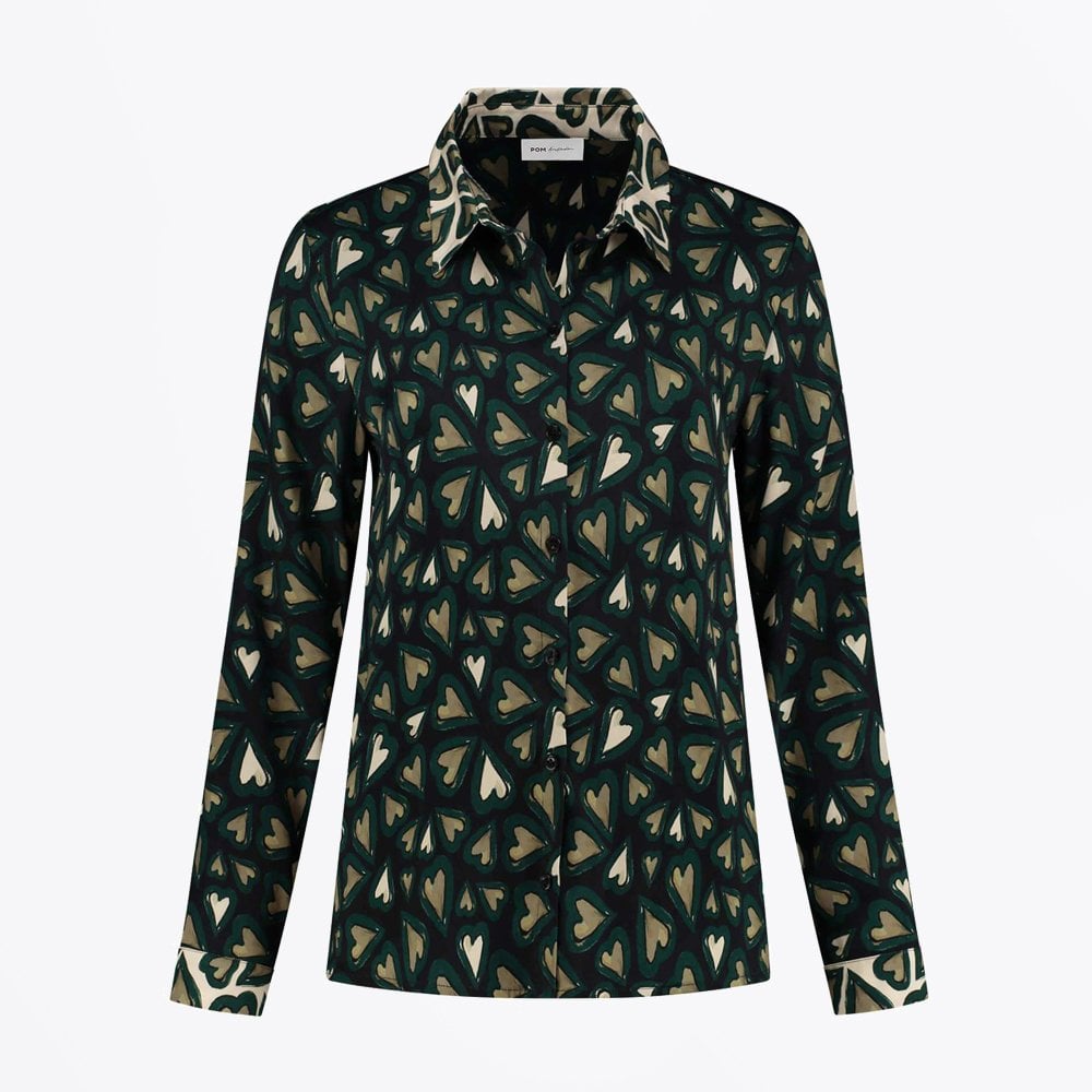 Pom Heart Print Blouse - Black/Green