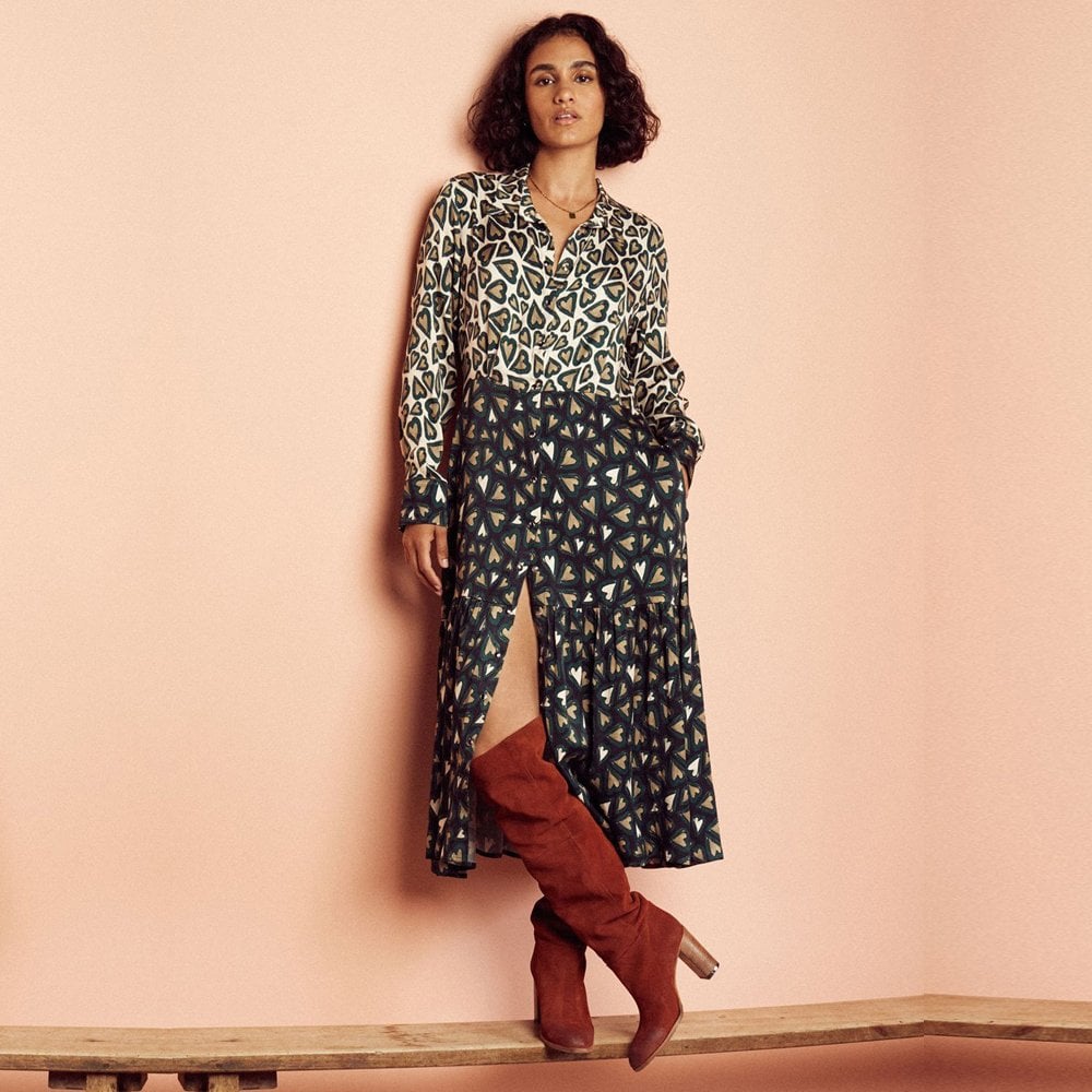Heart Print Midi Dress - Ivory/Black