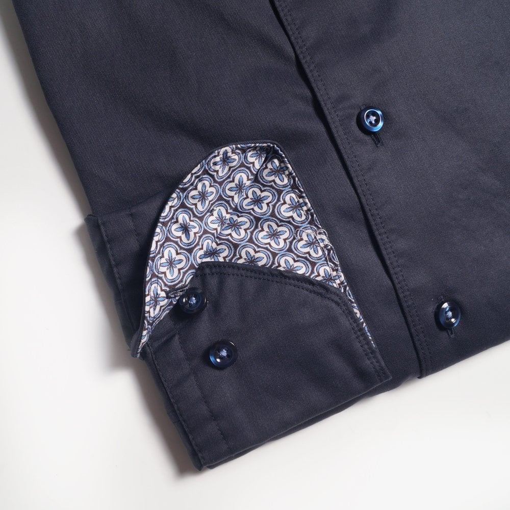 - Slimline Contrast Mosaic Inlay Shirt - Navy
