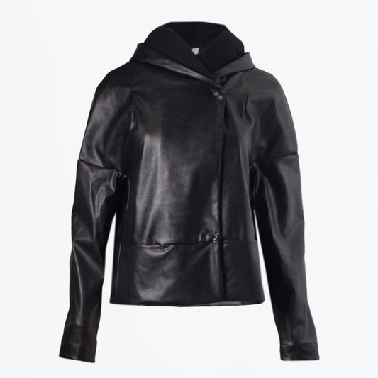 - Pleather Hooded Jacket - Black