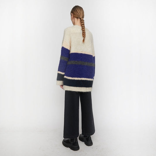 - Stripe Knit Cardigan - Cream/Blue
