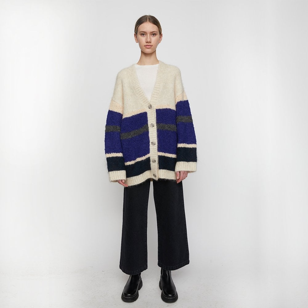 - Stripe Knit Cardigan - Cream/Blue