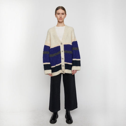 - Stripe Knit Cardigan - Cream/Blue