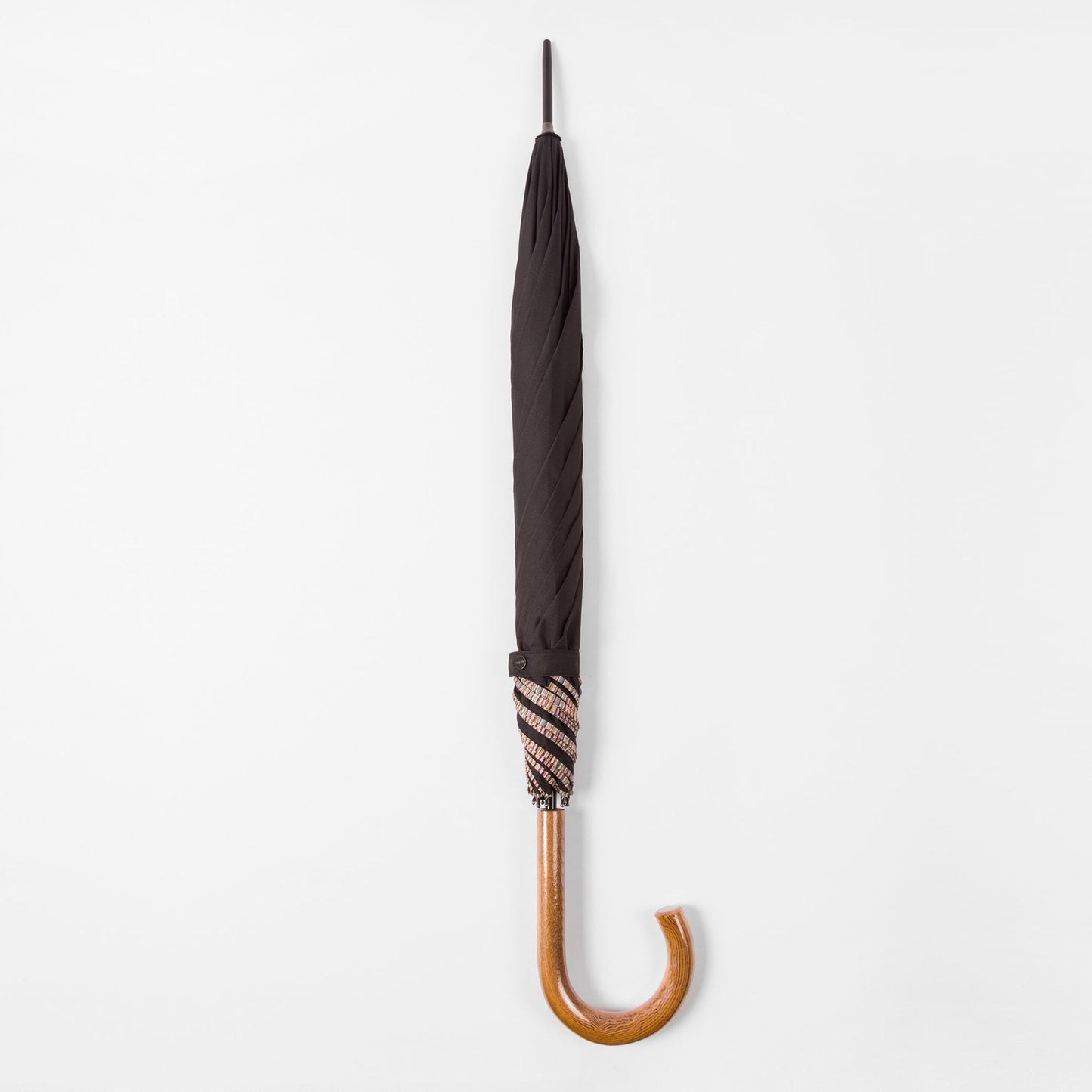 - Signature Stripe Border Walker Umbrella With Wooden Handle - Black