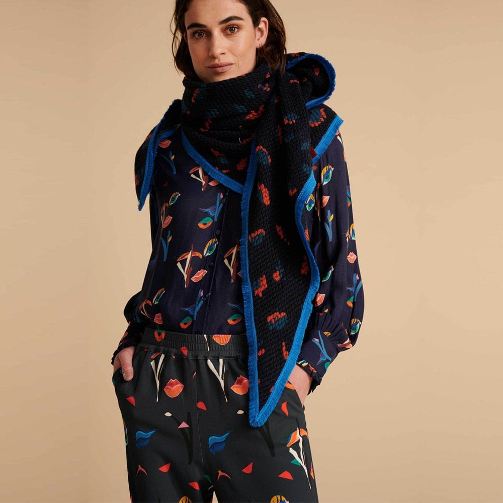 Pom Leopard Print Shawl - Blue/Multi
