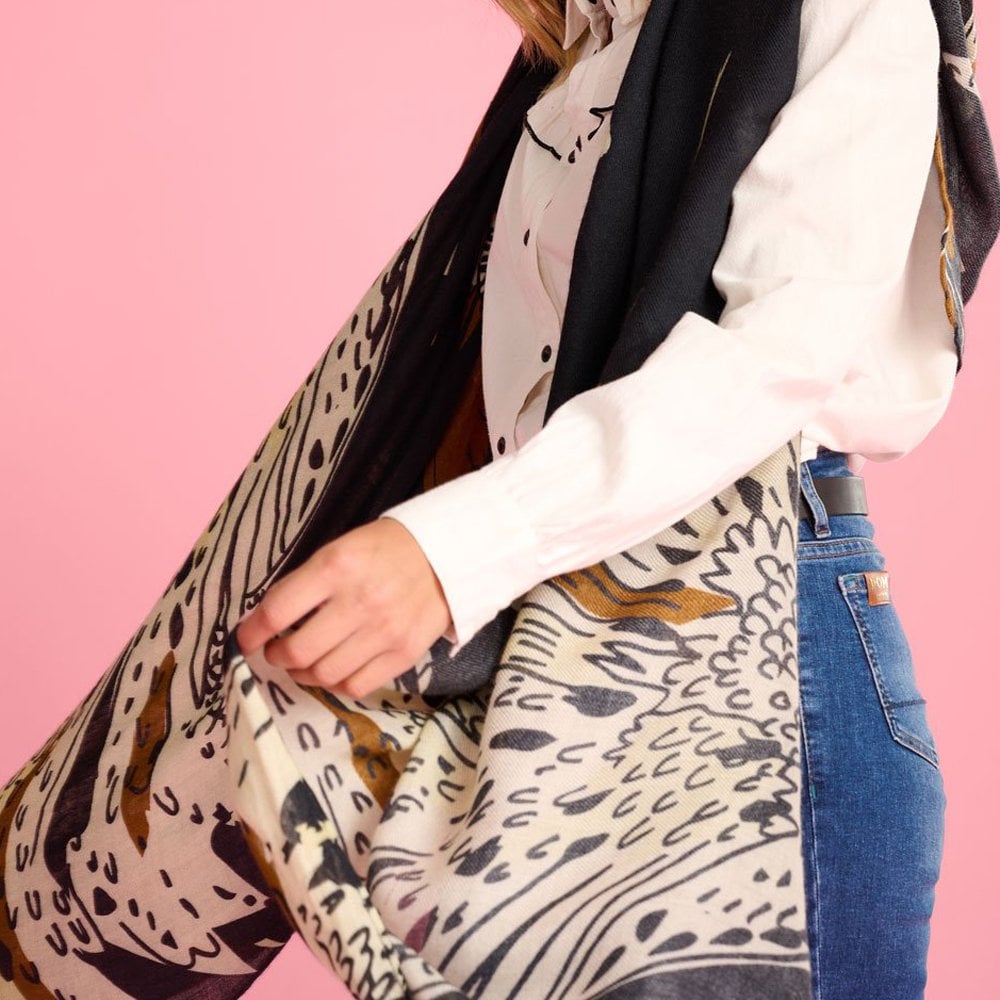 - Paradise Birds Print Shawl - Black/Multi