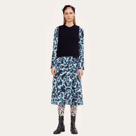 - Paula - Abstract Leaf Midi Dress - Blue