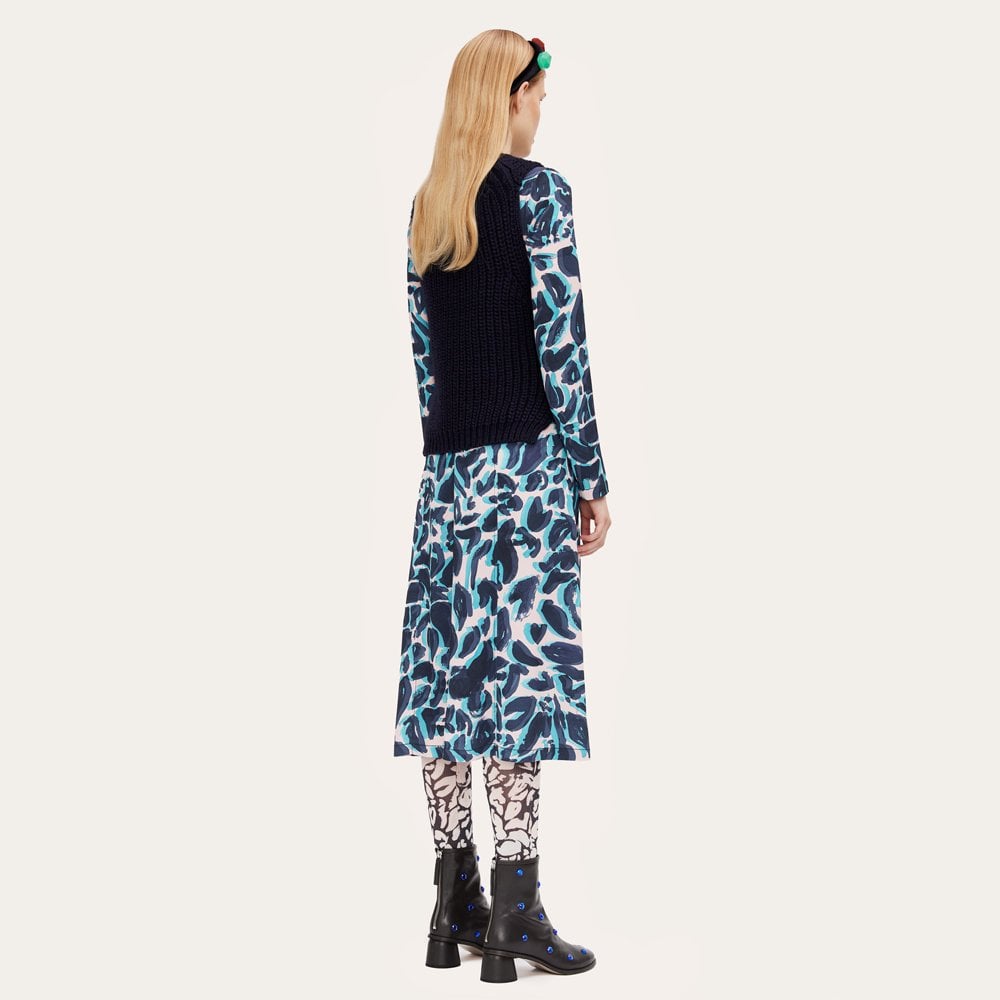 - Paula - Abstract Leaf Midi Dress - Blue