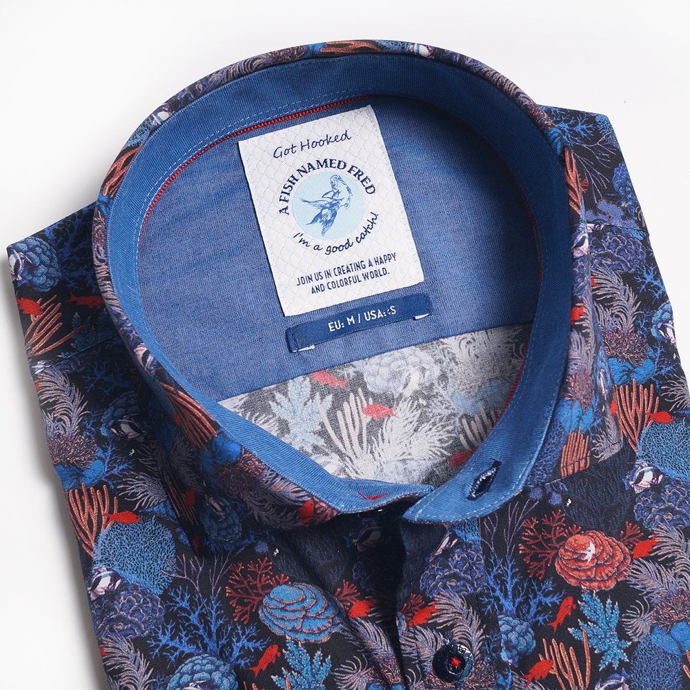 - Coral Print Shirt - Navy/Red