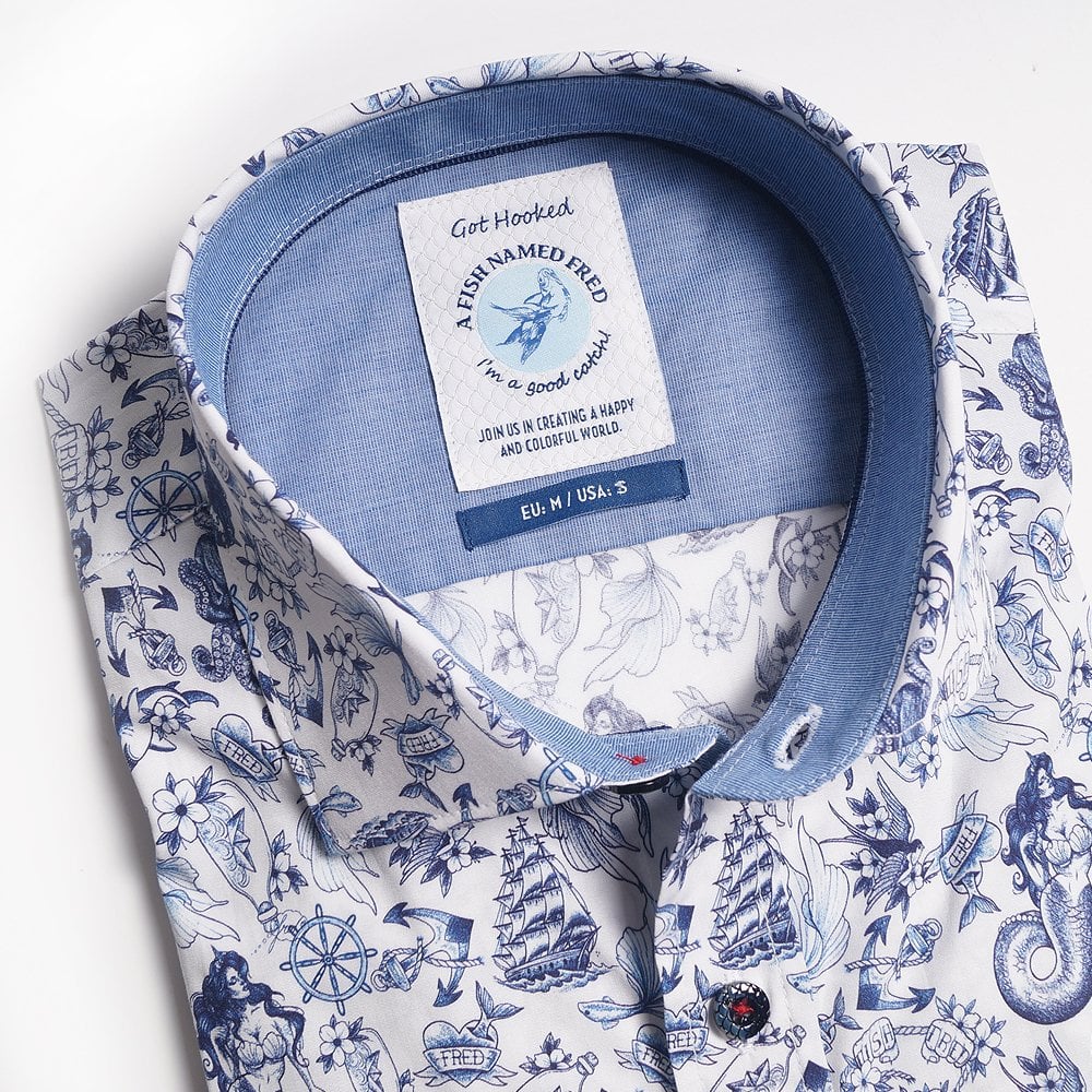 - Mermaid Print Shirt - Blue/White