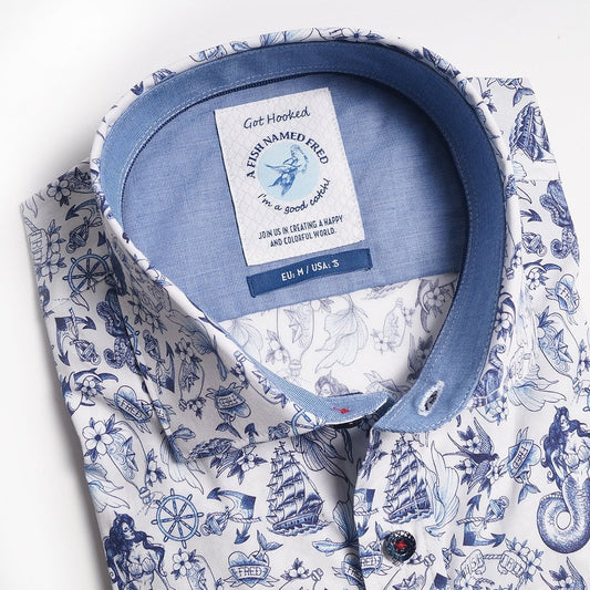 Mermaid Print Shirt - Blue/White