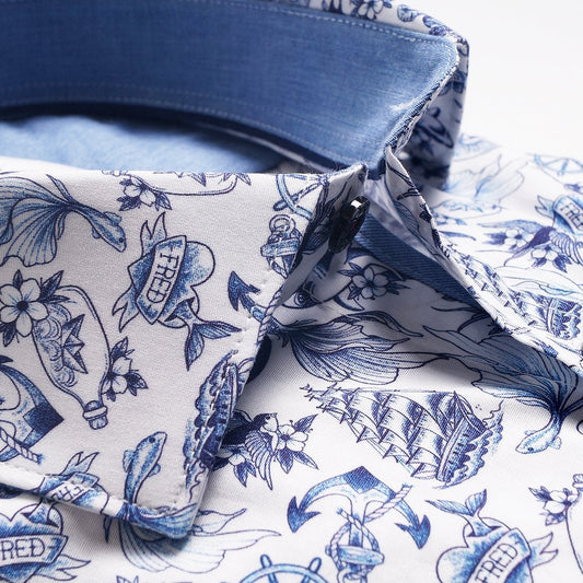 Mermaid Print Shirt - Blue/White