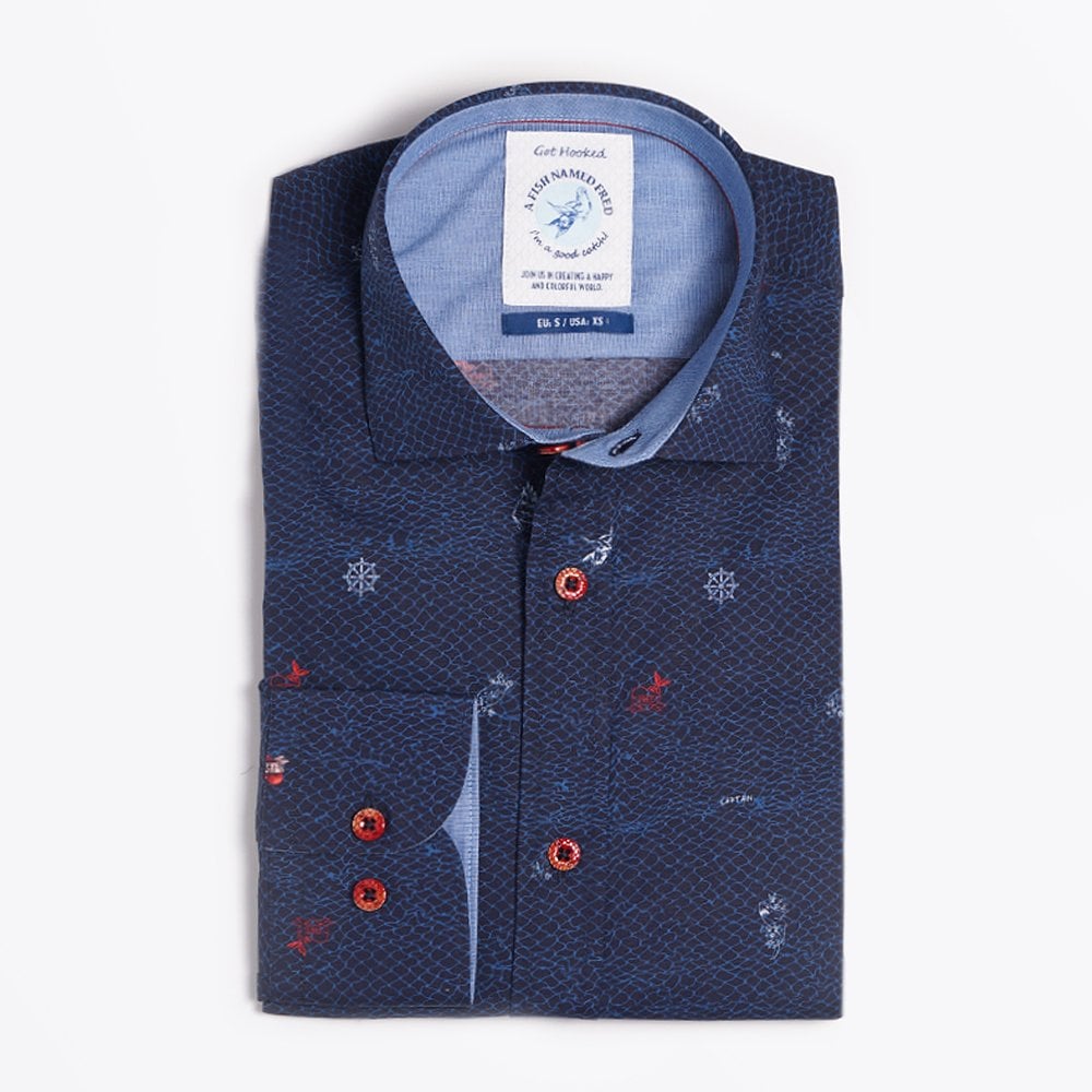 A Nautical Print Shirt - Navy Blue