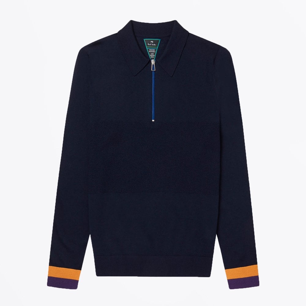 Paul Merino Zip-Neck Long-Sleeve Polo Shirt - Navy