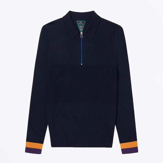 Merino Zip-Neck Long-Sleeve Polo Shirt - Navy