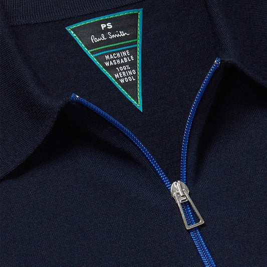 Merino Zip-Neck Long-Sleeve Polo Shirt - Navy