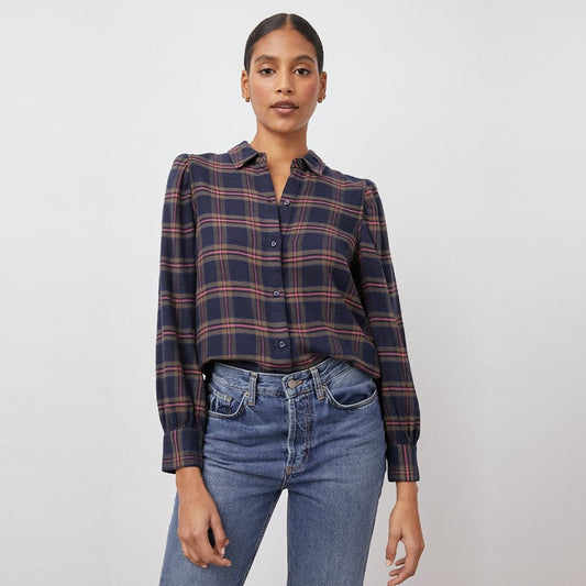 - Angelica - Flannel Plaid Shirt - Navy/Pink