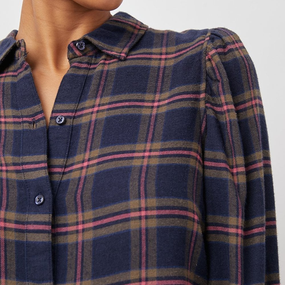 - Angelica - Flannel Plaid Shirt - Navy/Pink