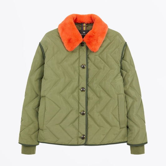 - Quilted Coat With Detachable Collar - Green