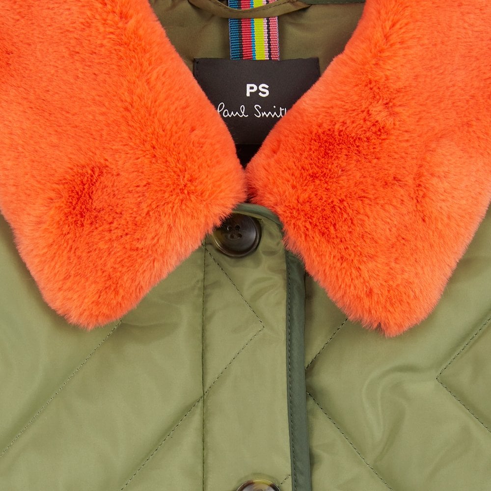 - Quilted Coat With Detachable Collar - Green