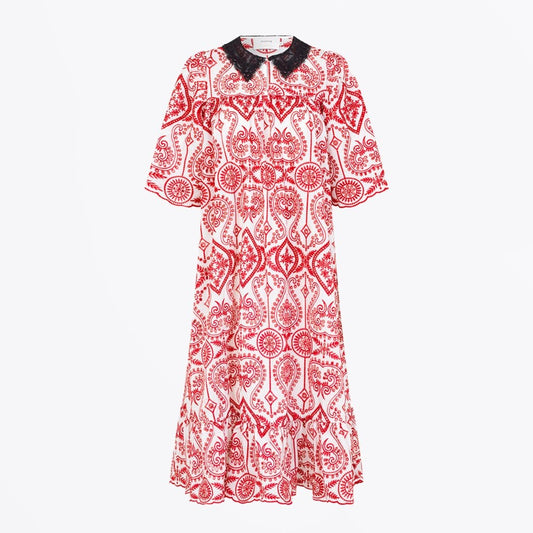 Nela - Embroidered Dress - White/Red