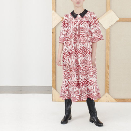 Nela - Embroidered Dress - White/Red