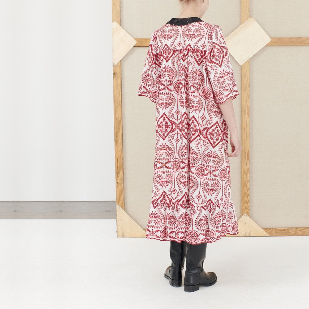 Nela - Embroidered Dress - White/Red