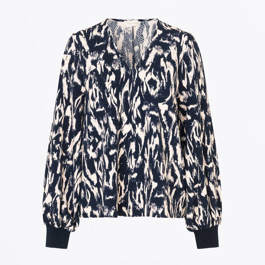 - Cyrene - Abstract Print Blouse - Navy/White