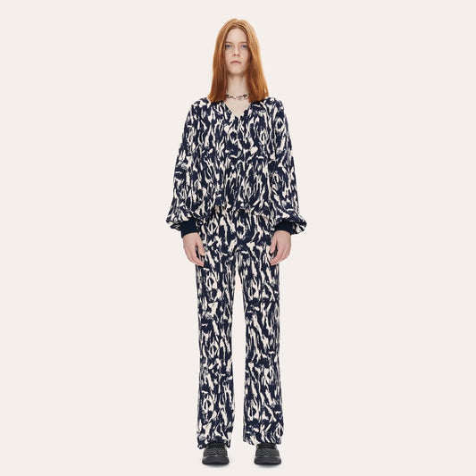 - Cyrene - Abstract Print Blouse - Navy/White